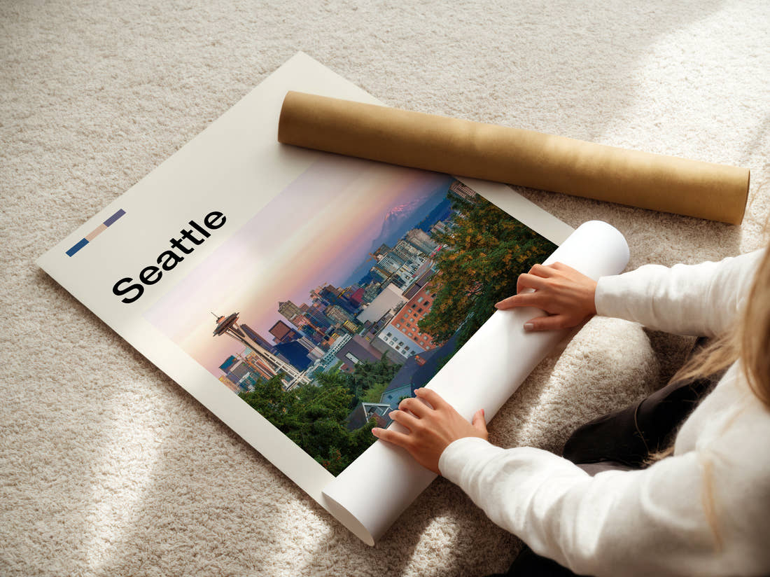 Seattle Space Needle Above The Skyline Travel Print being unrolled from its postal tube
