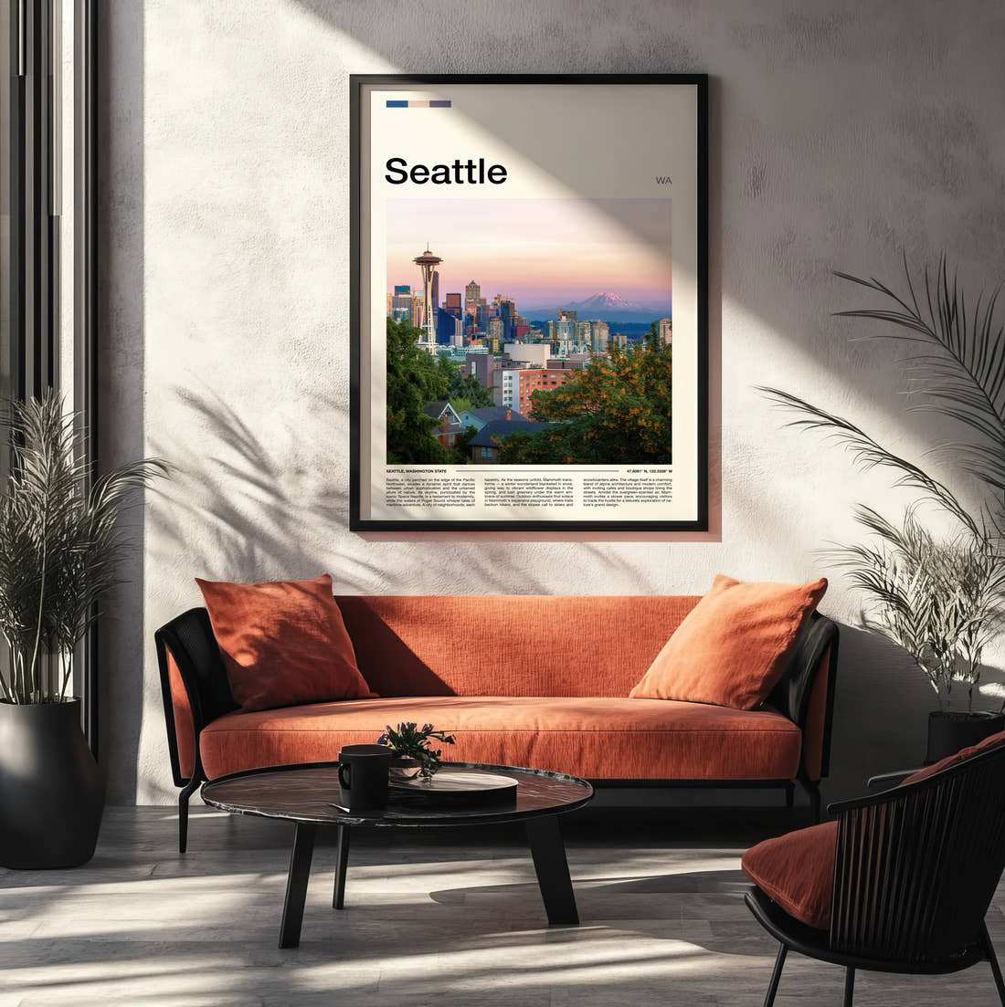 Seattle Space Needle Above The Skyline Travel Print framed on the wall of a modern living room