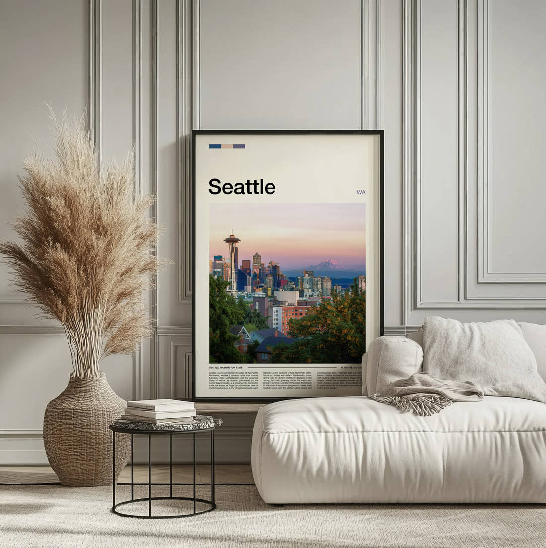 Seattle Space Needle Above The Skyline Travel Print framed on the wall of a calm, neutral bedroom