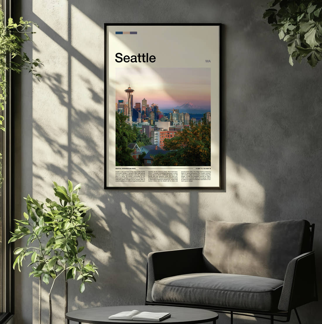 Seattle Space Needle Above The Skyline Travel Print framed on the wall of a relaxed living room