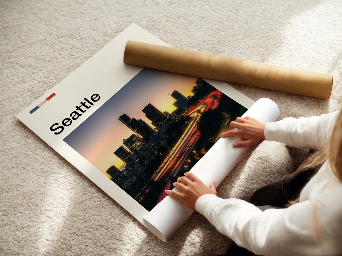 Seattle Traffic Light Trails Travel Print being unrolled from its postal tube