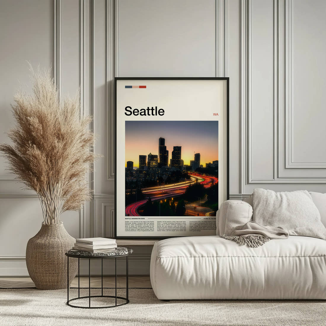 Seattle Traffic Light Trails Travel Print framed on the wall of a calm, neutral bedroom
