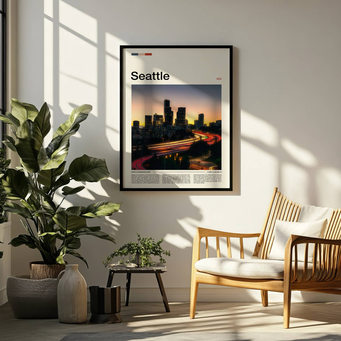 Seattle Traffic Light Trails Travel Print framed on a pale wall beside houseplants