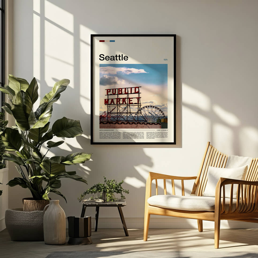 Seattle Public Market Sign And Big Wheel Travel Print framed on a pale wall beside houseplants