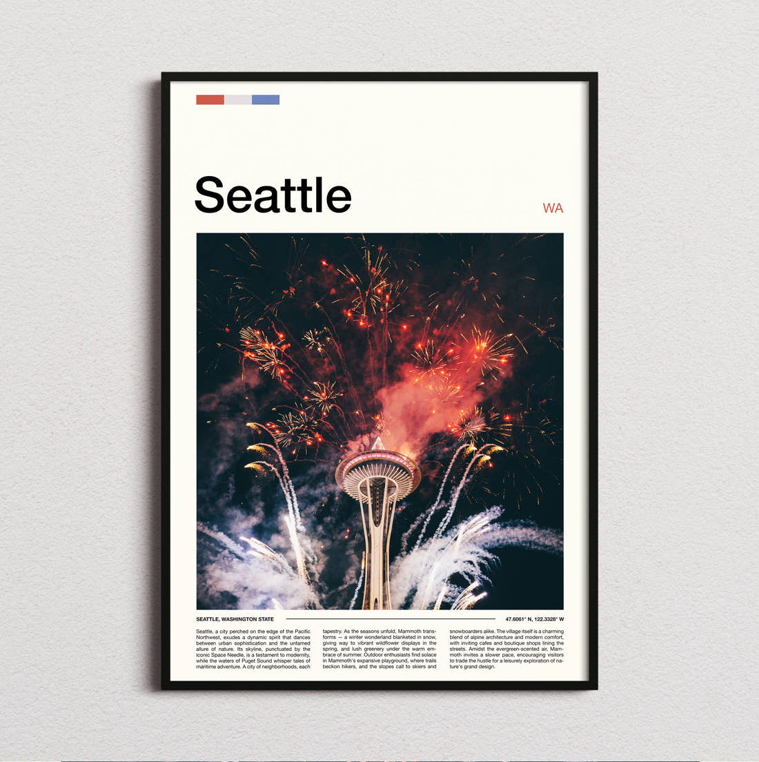 Seattle Fireworks Over Space Needle Travel Print framed and photographed straight on