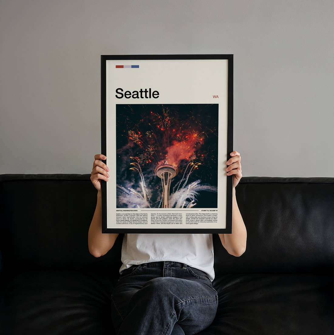Seattle Fireworks Over Space Needle Travel Print held up by hand to show the size of the print