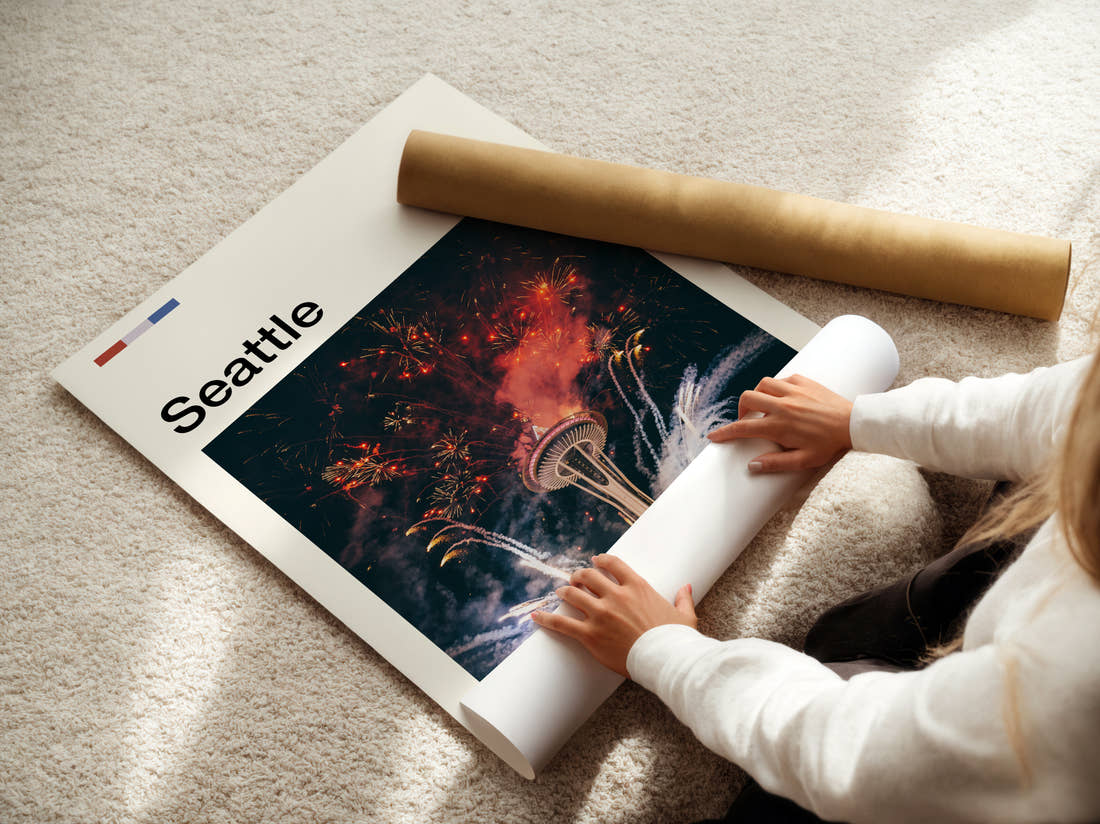 Seattle Fireworks Over Space Needle Travel Print being unrolled from its postal tube