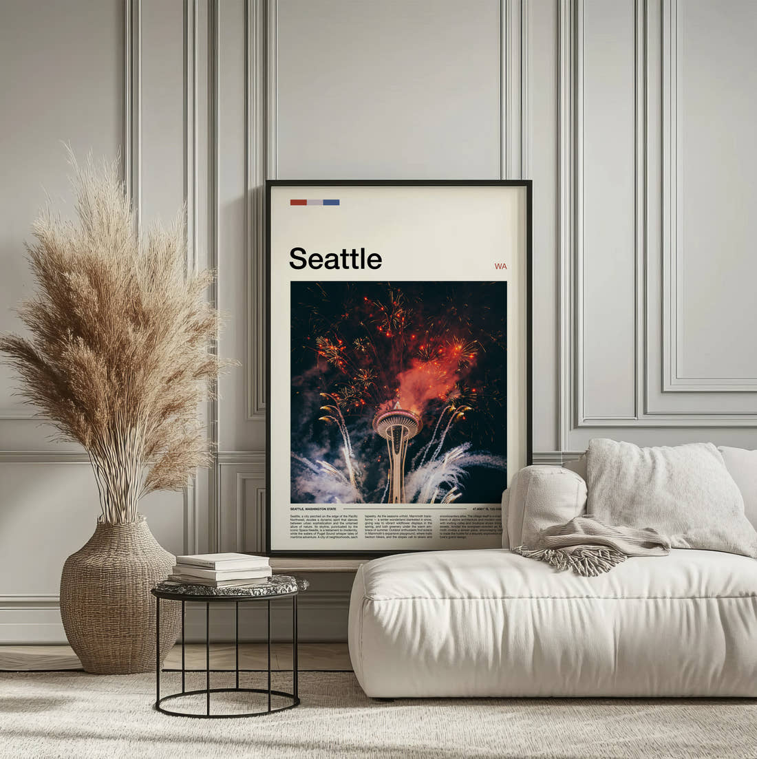 Seattle Fireworks Over Space Needle Travel Print framed on the wall of a calm, neutral bedroom