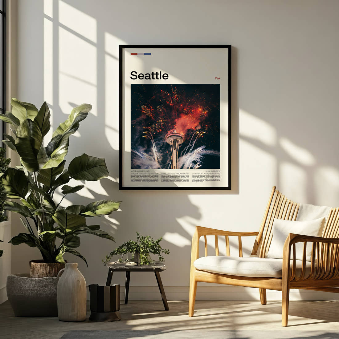 Seattle Fireworks Over Space Needle Travel Print framed on a pale wall beside houseplants