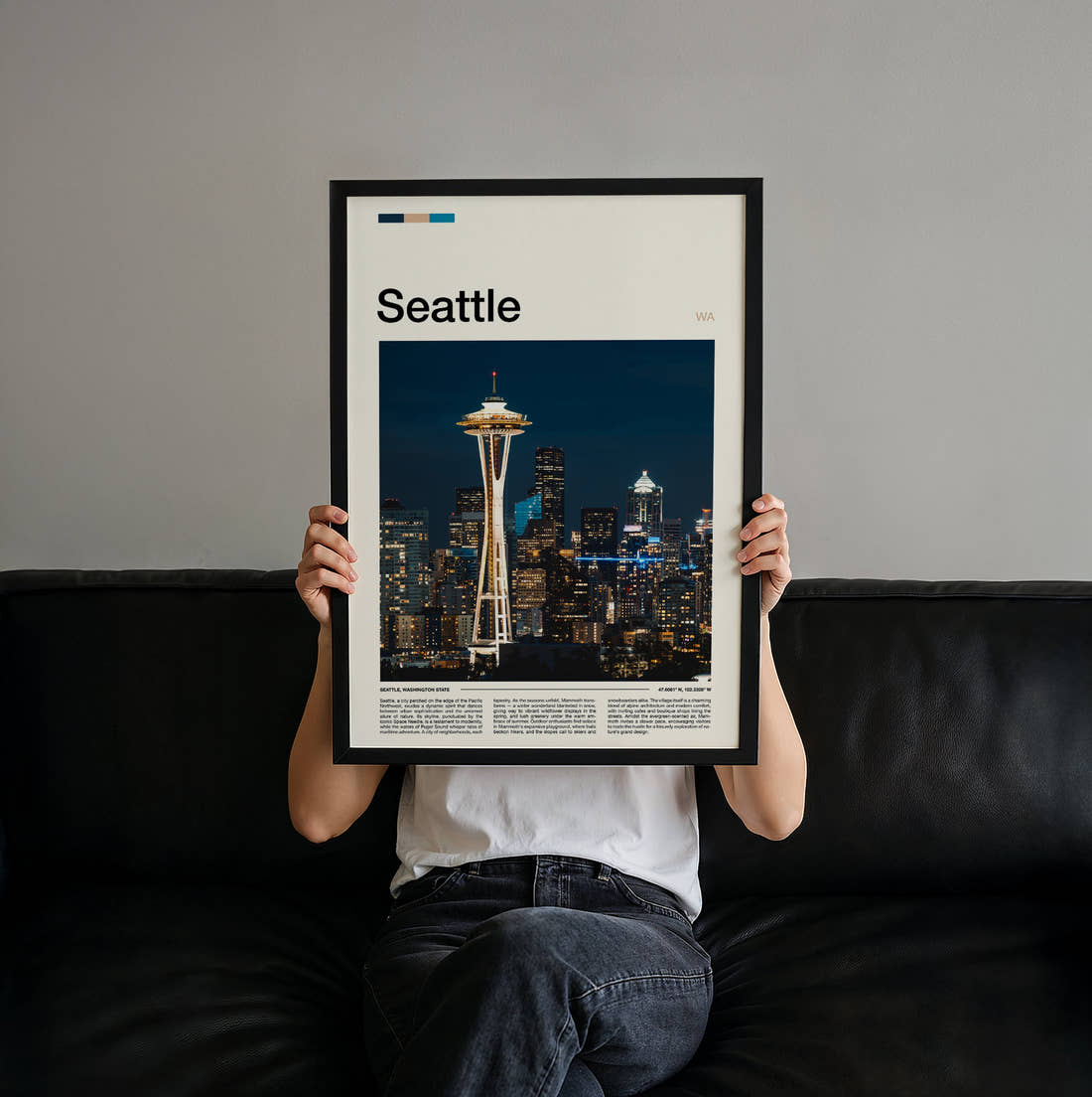 Seattle Space Needle At Night Travel Print held up by hand to show the size of the print
