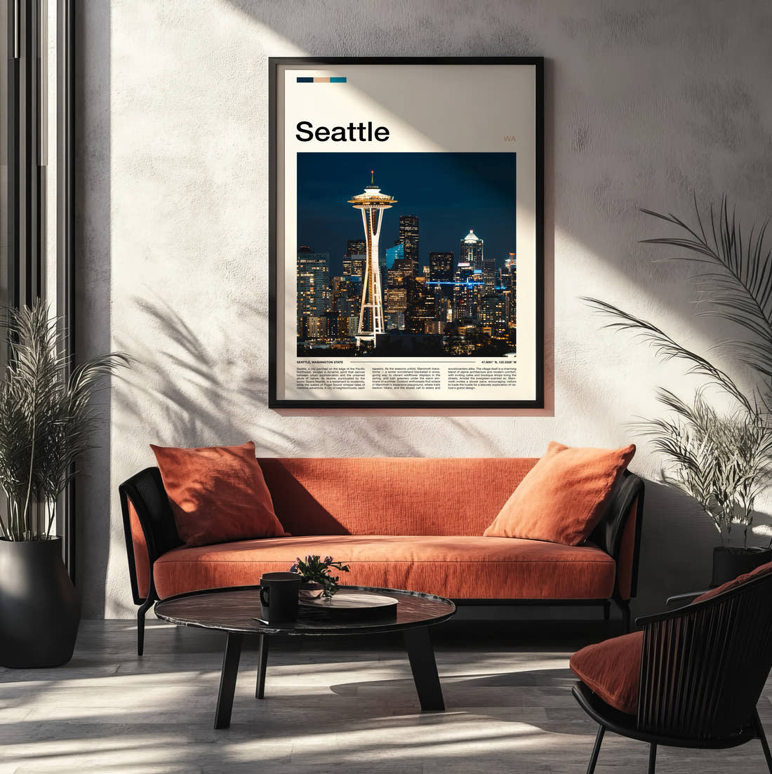 Seattle Space Needle At Night Travel Print framed on the wall of a modern living room