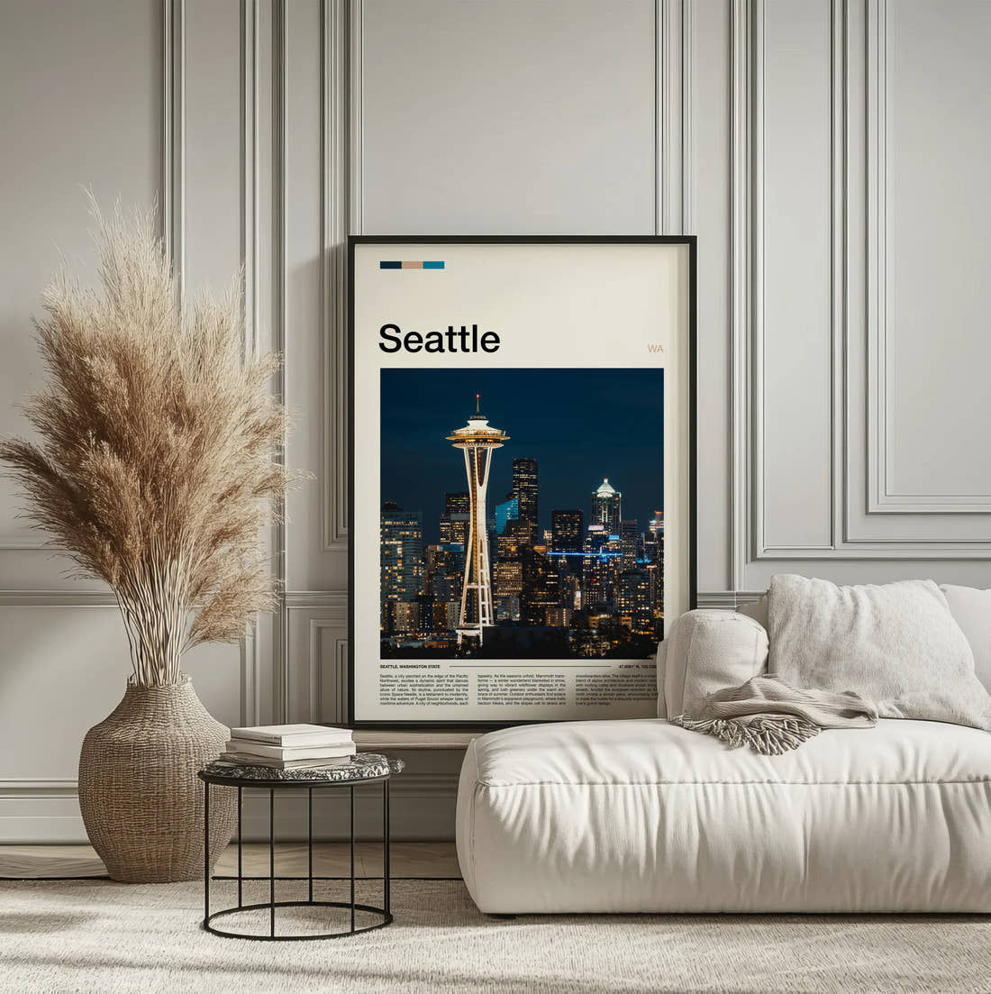 Seattle Space Needle At Night Travel Print framed on the wall of a calm, neutral bedroom