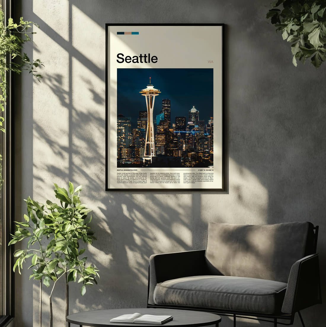 Seattle Space Needle At Night Travel Print framed on the wall of a relaxed living room