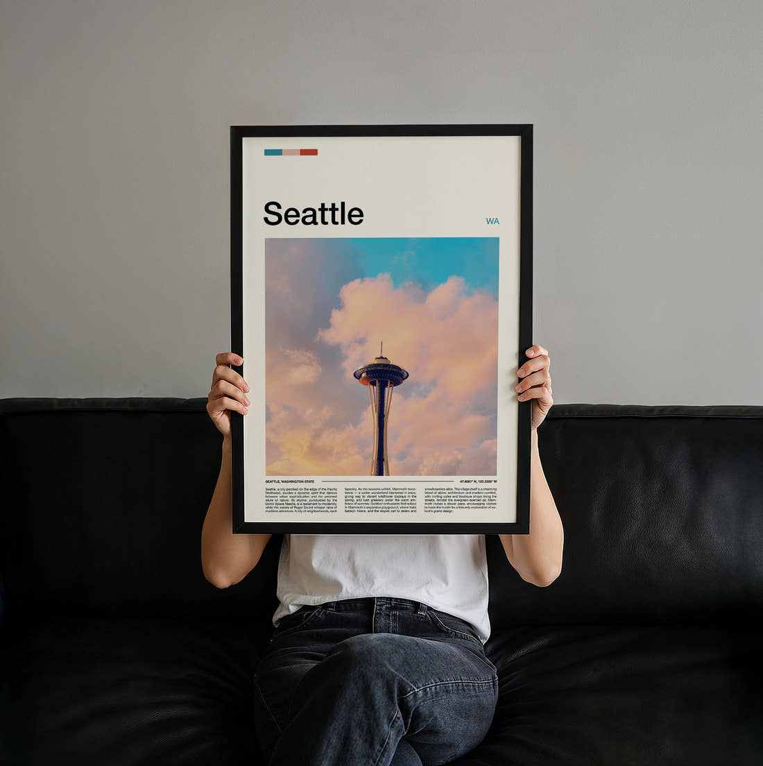 Seattle Space Needle In The Clouds Travel Print held up by hand to show the size of the print