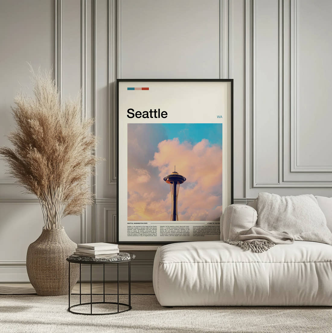 Seattle Space Needle In The Clouds Travel Print framed on the wall of a calm, neutral bedroom