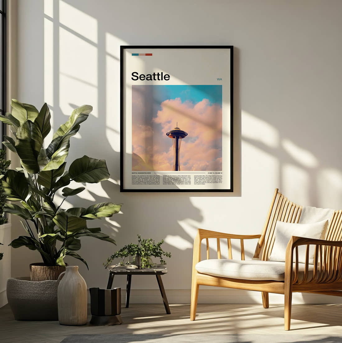 Seattle Space Needle In The Clouds Travel Print framed on a pale wall beside houseplants