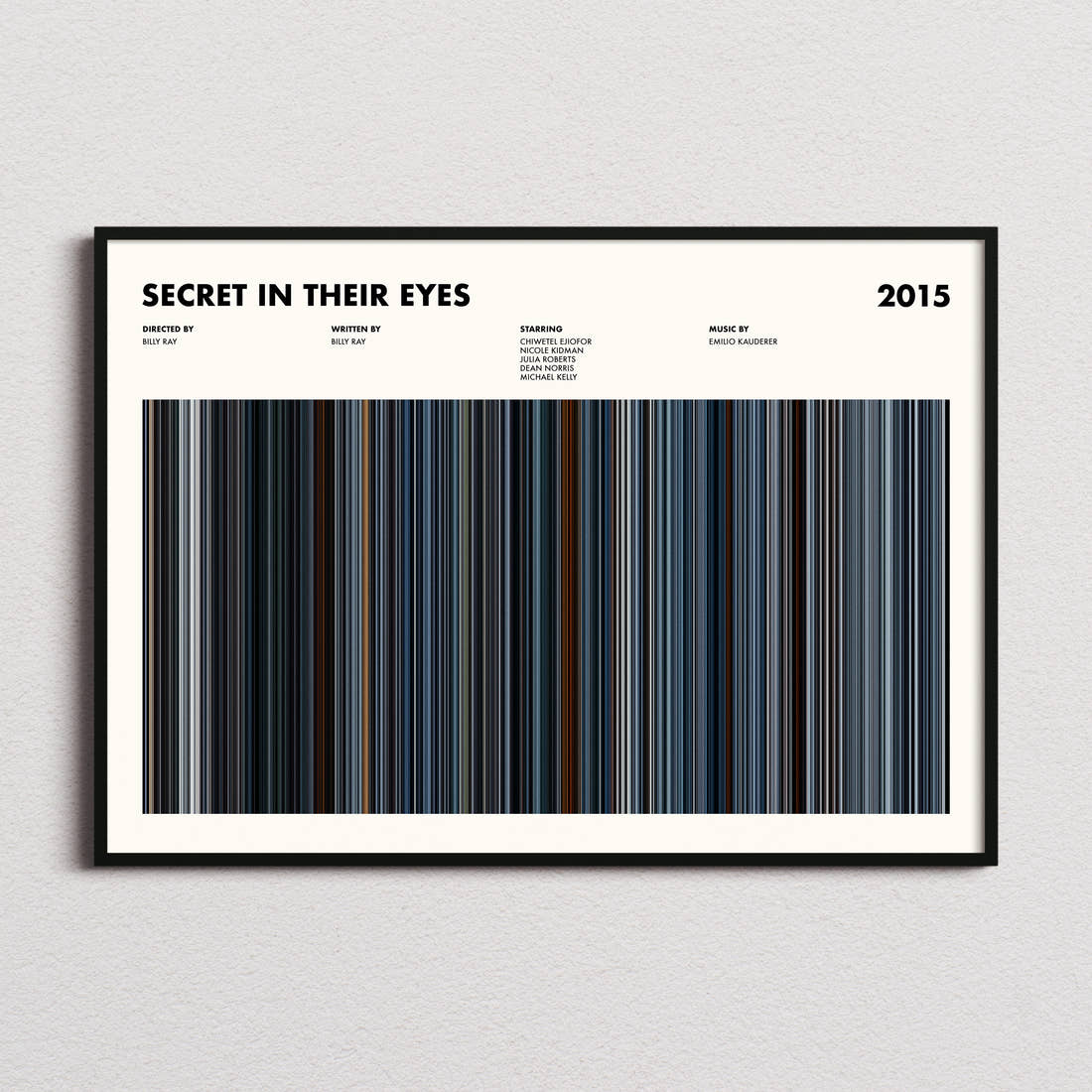 Secret in Their Eyes Movie Barcode Poster framed and photographed straight on