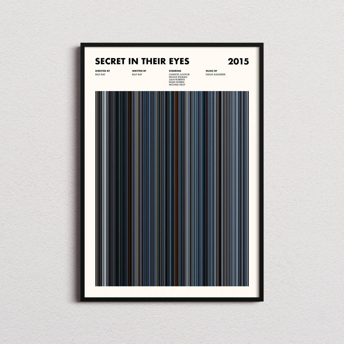 Secret in Their Eyes Movie Barcode Poster framed on a plain studio wall