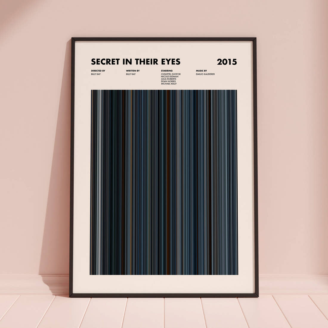 Secret in Their Eyes Movie Barcode Poster framed and leaning against a coloured wall