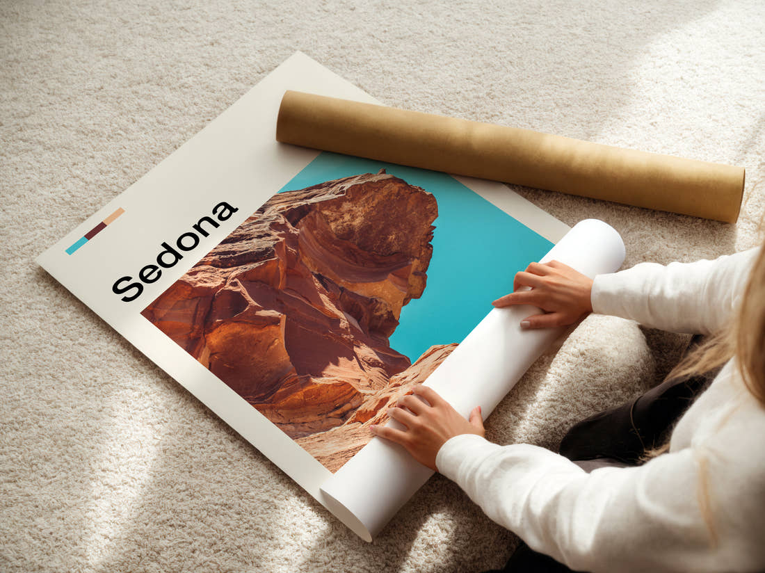 Sedona Red Rock Cliff Travel Print being unrolled from its postal tube