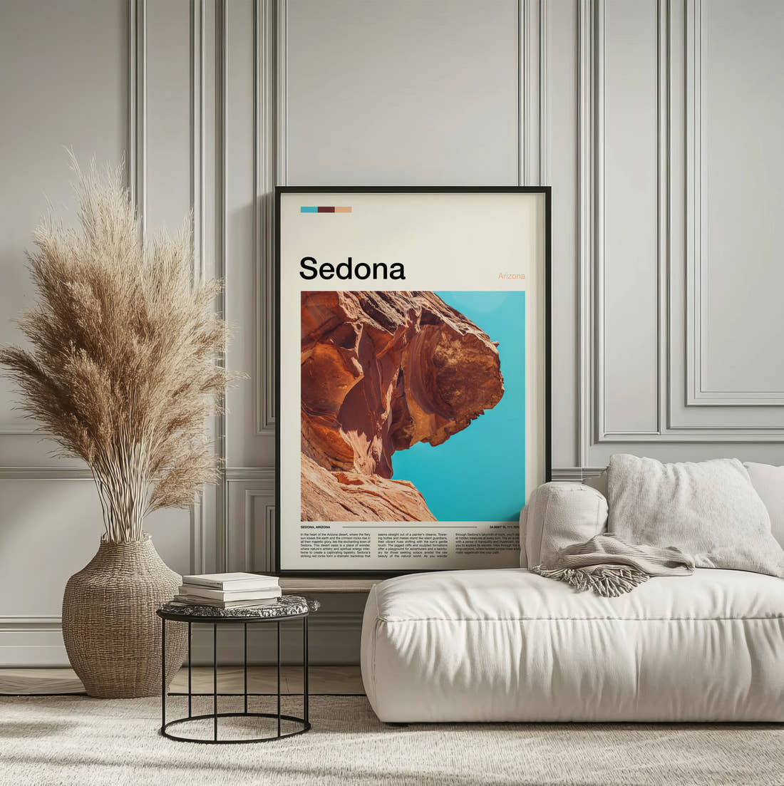 Sedona Red Rock Cliff Travel Print framed on the wall of a calm, neutral bedroom