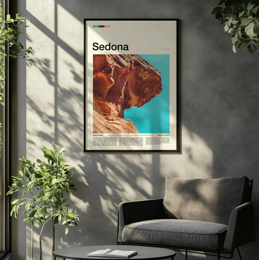 Sedona Red Rock Cliff Travel Print framed on the wall of a relaxed living room