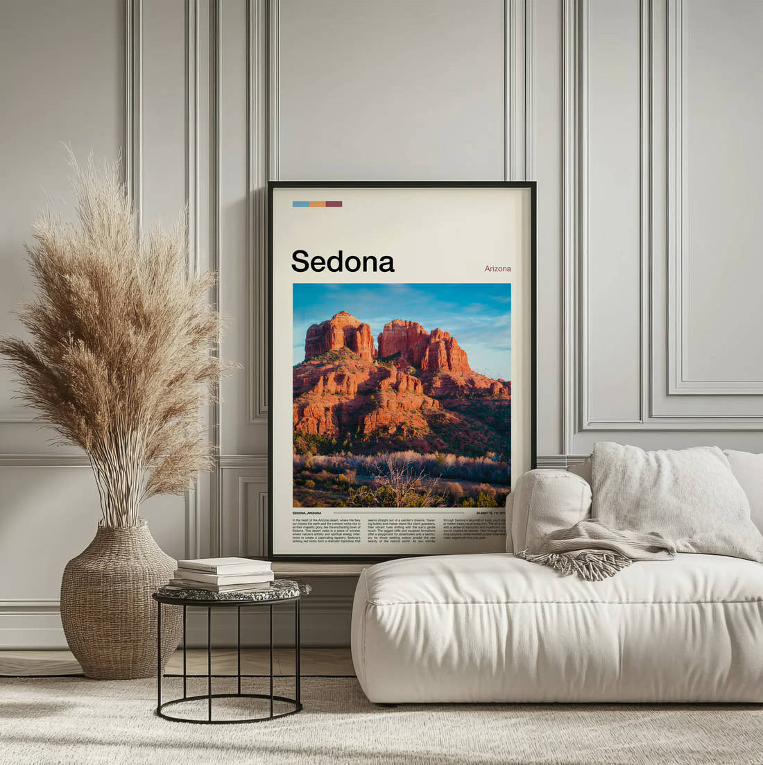 Sedona Cathedral Rock Travel Print framed on the wall of a calm, neutral bedroom