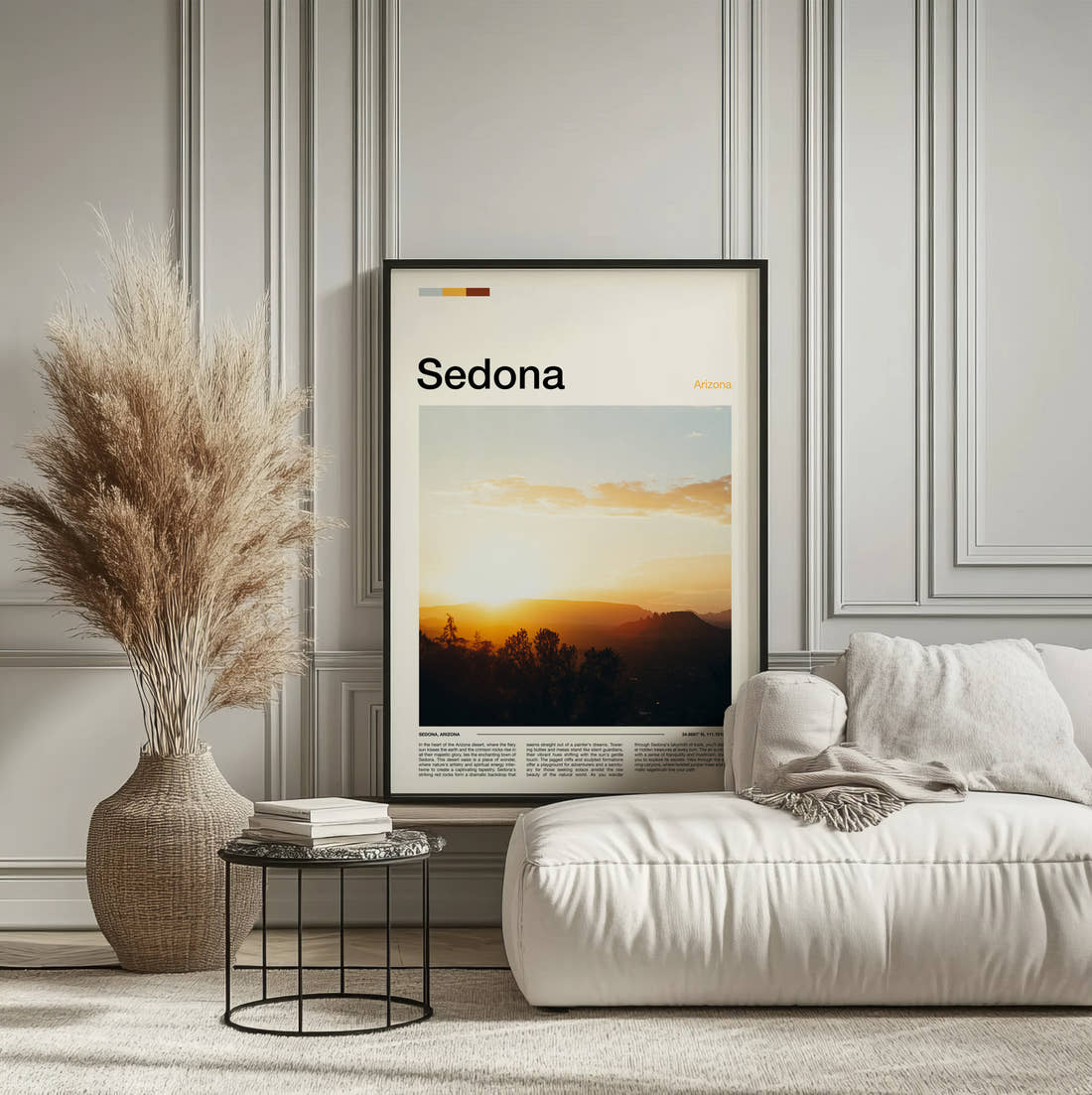 Sedona Sunset Over Mountains Travel Print framed on the wall of a calm, neutral bedroom
