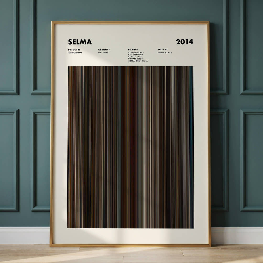 Selma Movie Barcode Poster framed and leaning against a panelled wall