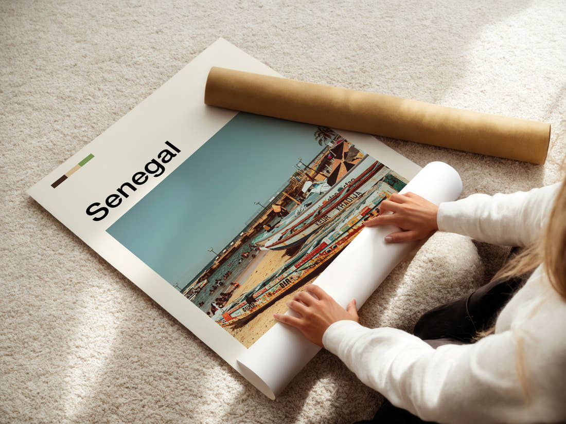 Senegal Weathered Fishing Boats Travel Print being unrolled from its postal tube