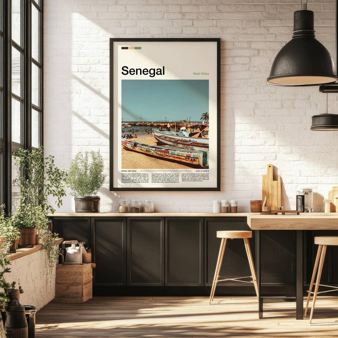 Senegal Weathered Fishing Boats Travel Print framed on the wall of a bright kitchen and dining space
