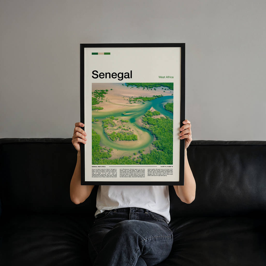 Senegal Aerial Delta View Travel Print held up by hand to show the size of the print