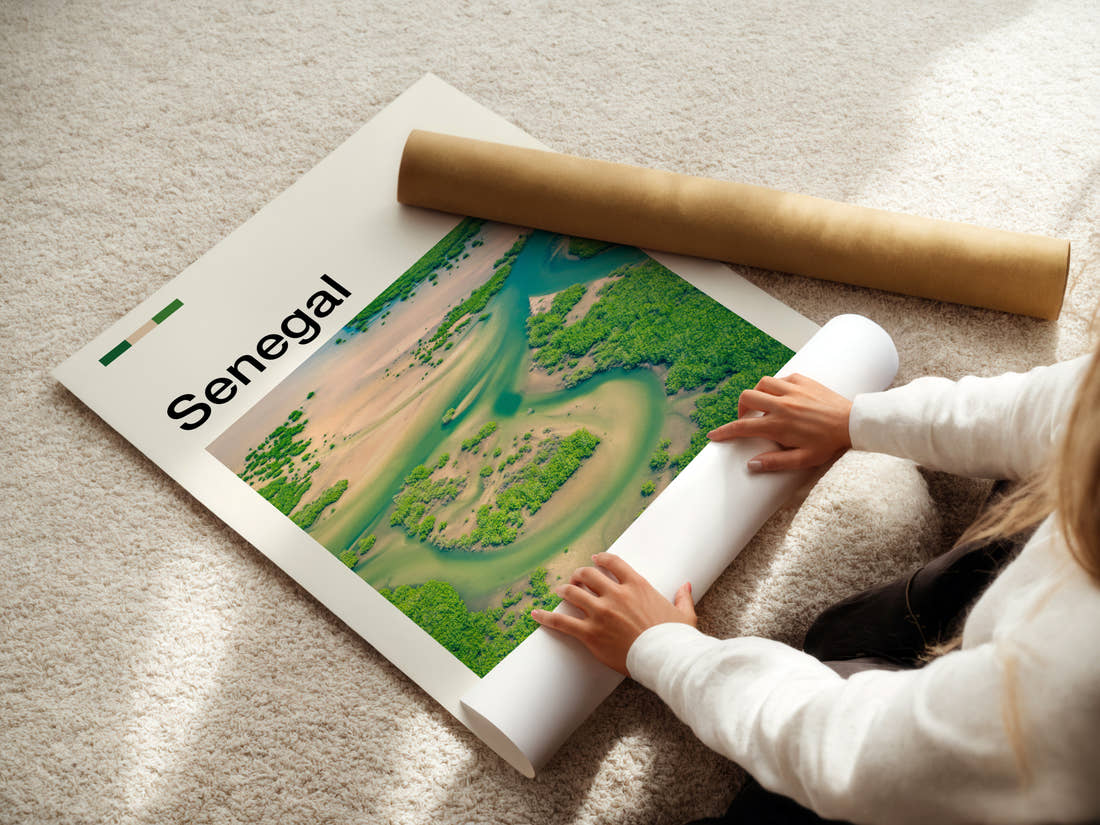 Senegal Aerial Delta View Travel Print being unrolled from its postal tube