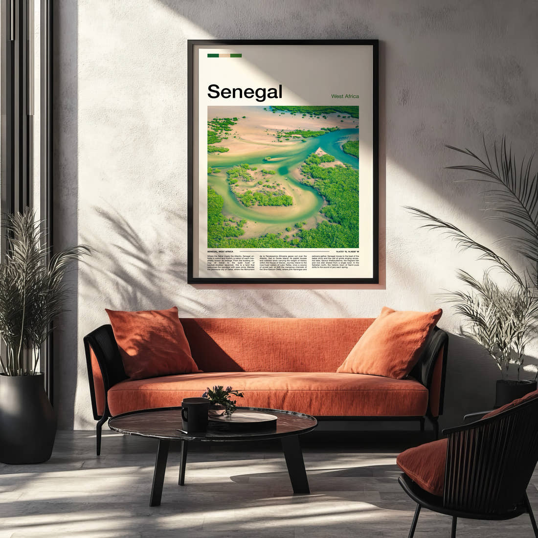 Senegal Aerial Delta View Travel Print framed on the wall of a modern living room