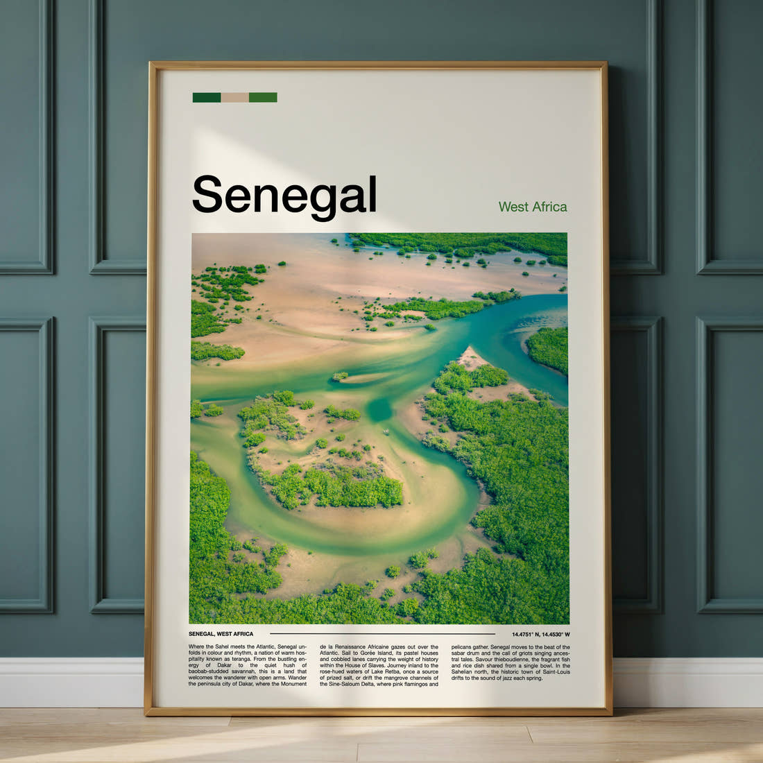 Senegal Aerial Delta View Travel Print framed on the wall of a calm, neutral bedroom