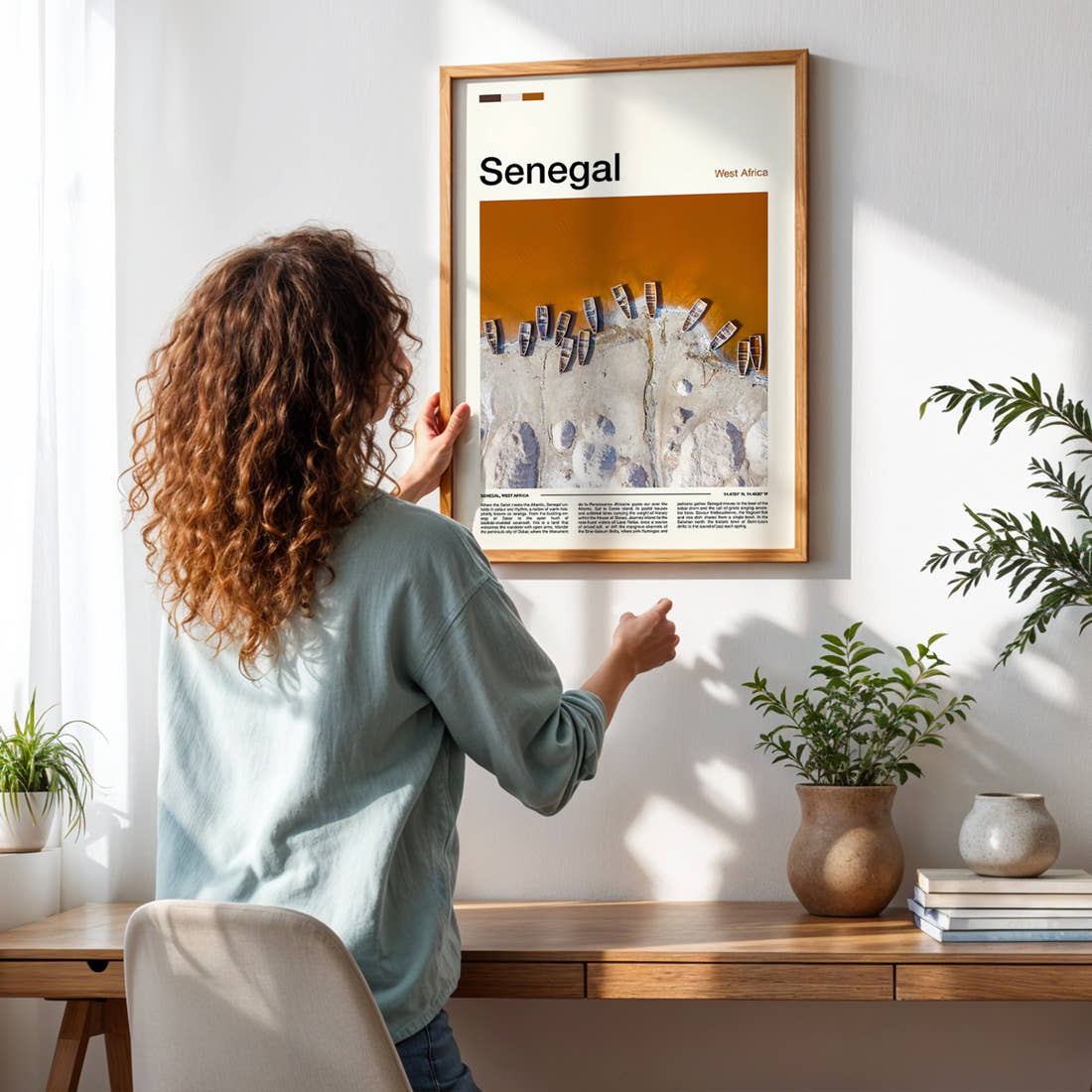 Senegal Aerial Fishing Boats Travel Print framed on a pale wall beside houseplants