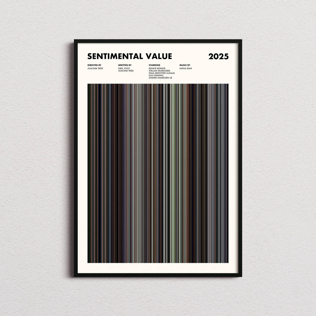 Sentimental Value Movie Barcode Poster framed on a plain studio wall