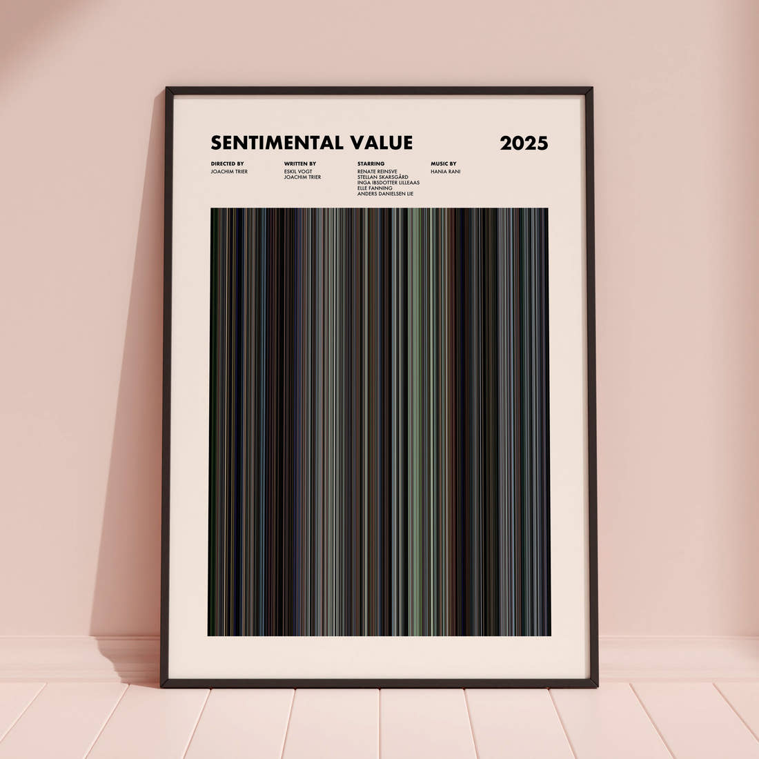 Sentimental Value Movie Barcode Poster framed and leaning against a coloured wall