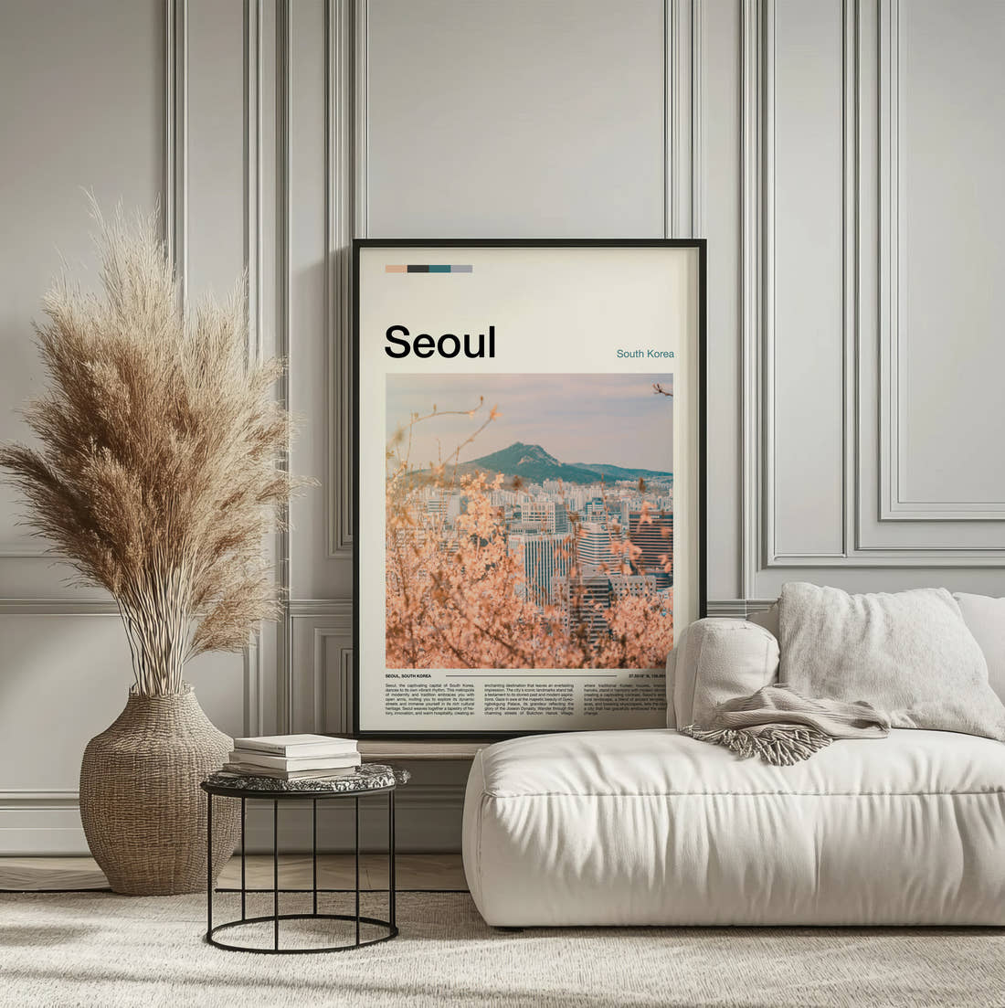 Seoul Cherry Blossom And Skyline Travel Print framed on the wall of a calm, neutral bedroom