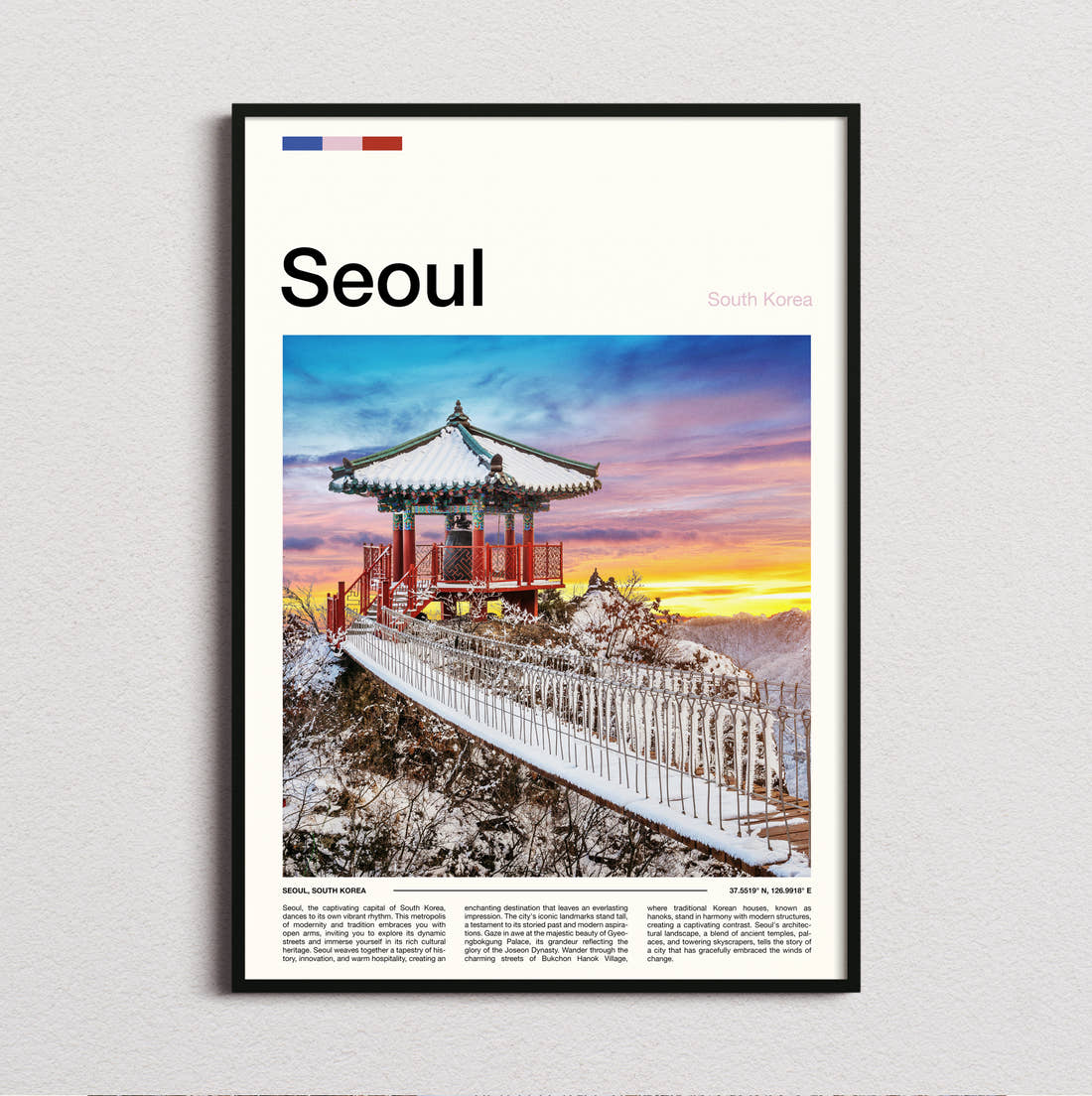Seoul Traditional Pavilion In Snow Travel Print framed and photographed straight on