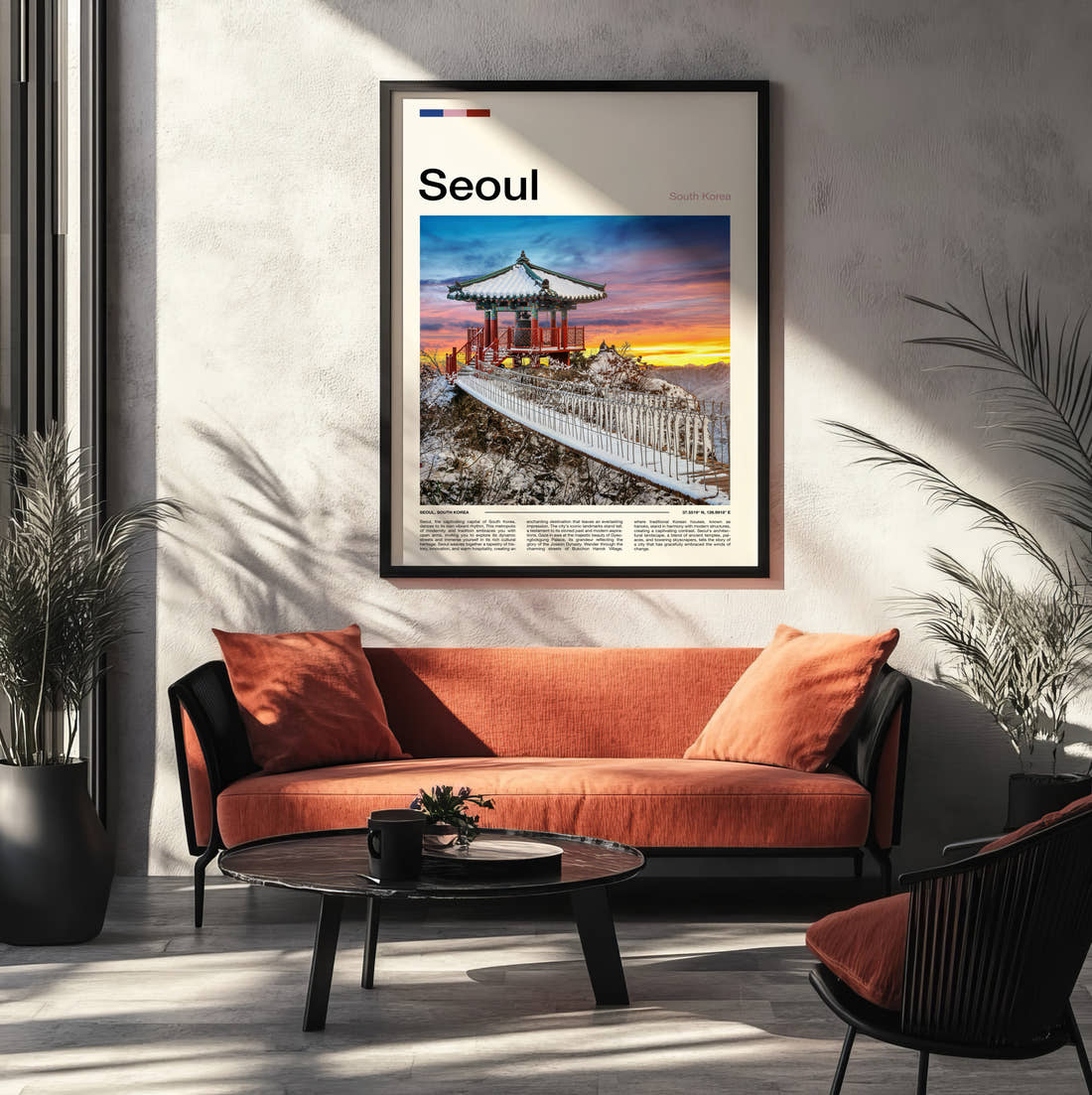Seoul Traditional Pavilion In Snow Travel Print framed on the wall of a modern living room