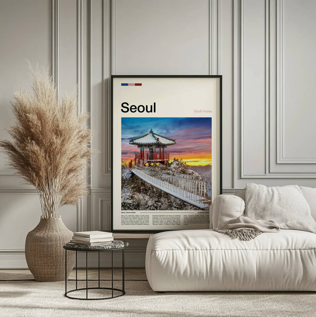 Seoul Traditional Pavilion In Snow Travel Print framed on the wall of a calm, neutral bedroom