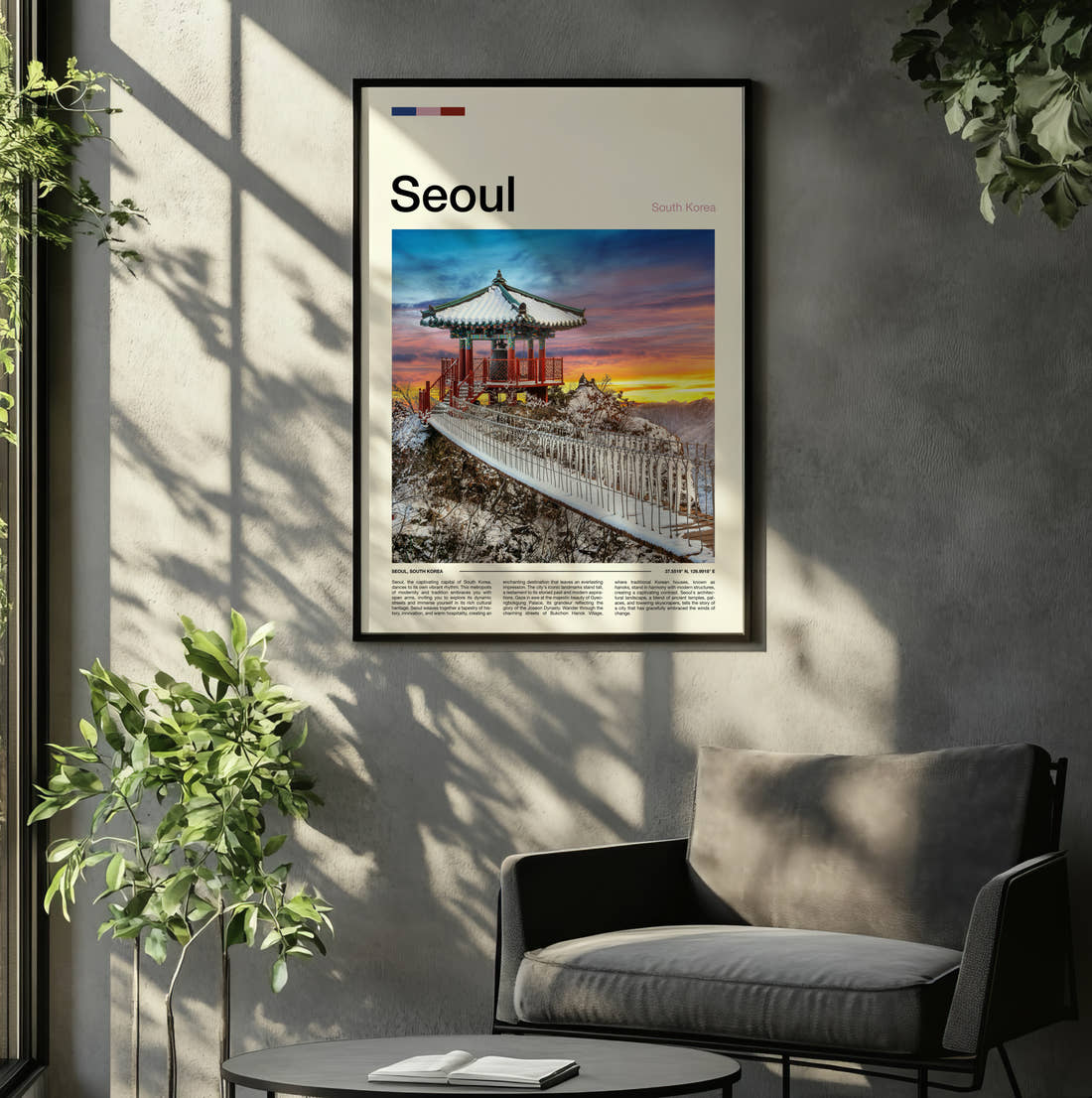 Seoul Traditional Pavilion In Snow Travel Print framed on the wall of a relaxed living room