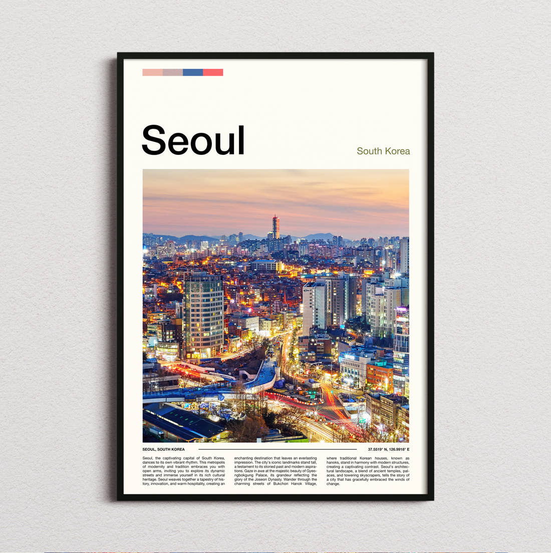 Seoul Night Skyline Travel Print framed and photographed straight on