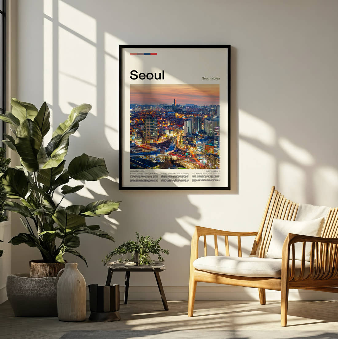 Seoul Night Skyline Travel Print framed on a pale wall beside houseplants