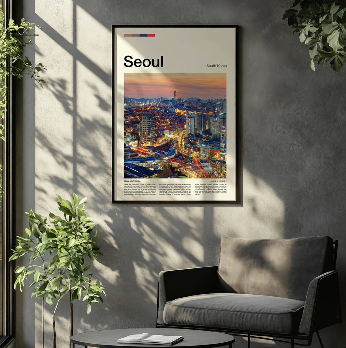 Seoul Night Skyline Travel Print framed on the wall of a relaxed living room