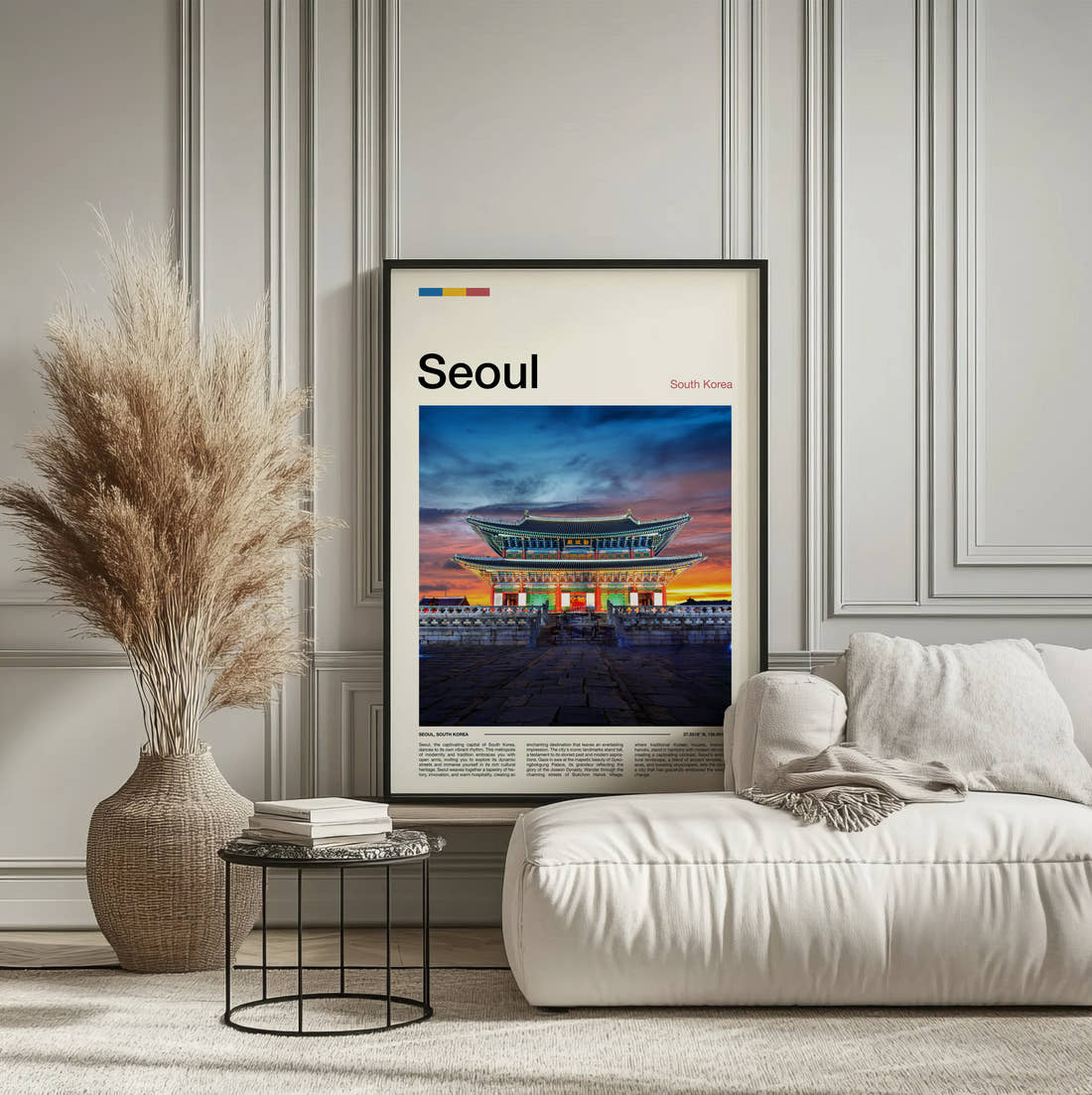Seoul Gwanghwamun Gate Travel Print framed on the wall of a calm, neutral bedroom