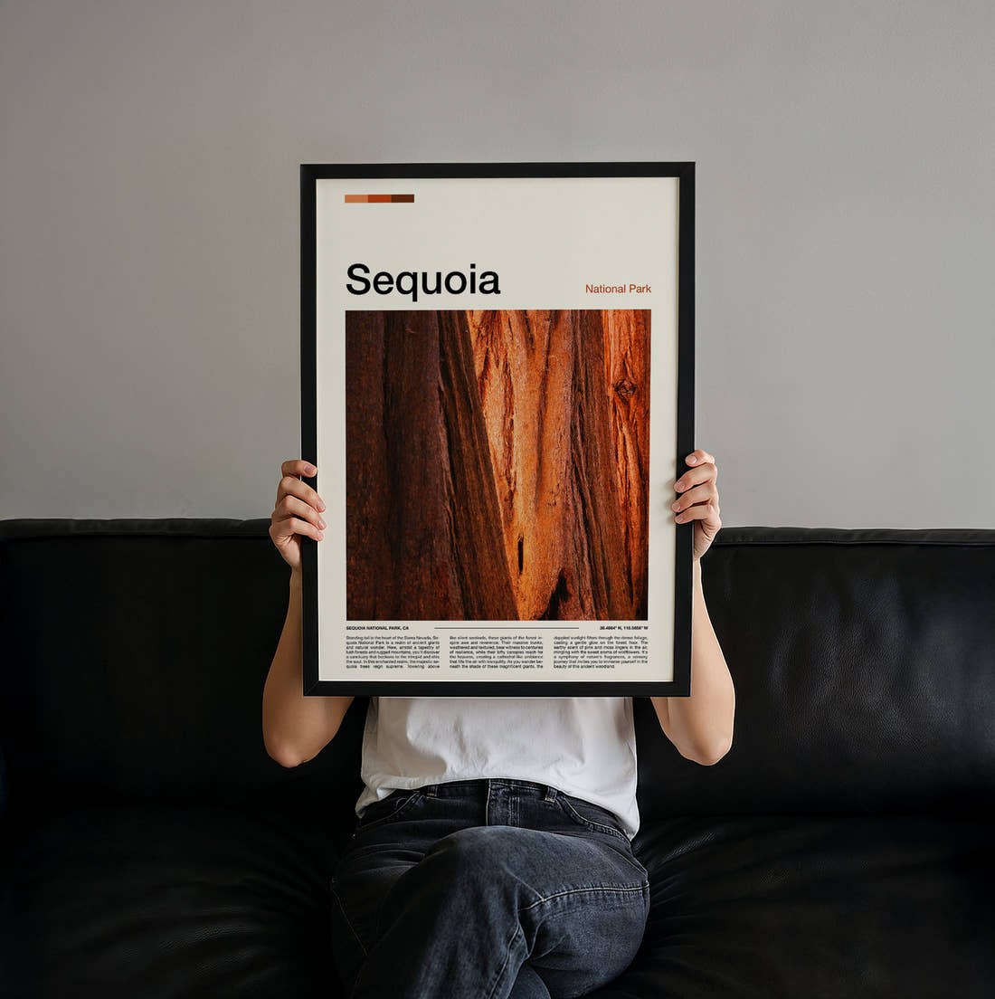 Sequoia Red Tree Bark Travel Print held up by hand to show the size of the print