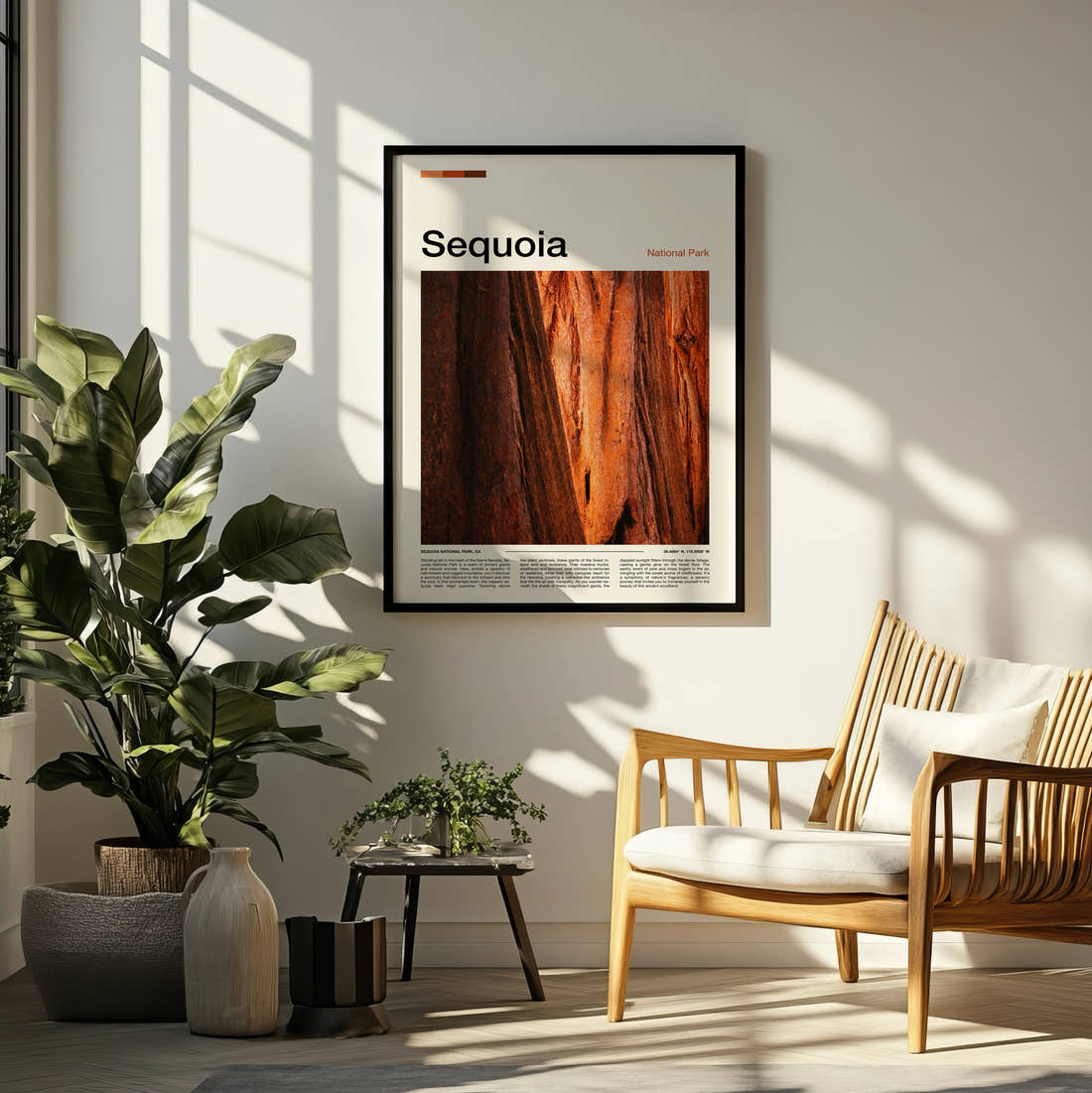 Sequoia Red Tree Bark Travel Print framed on a pale wall beside houseplants