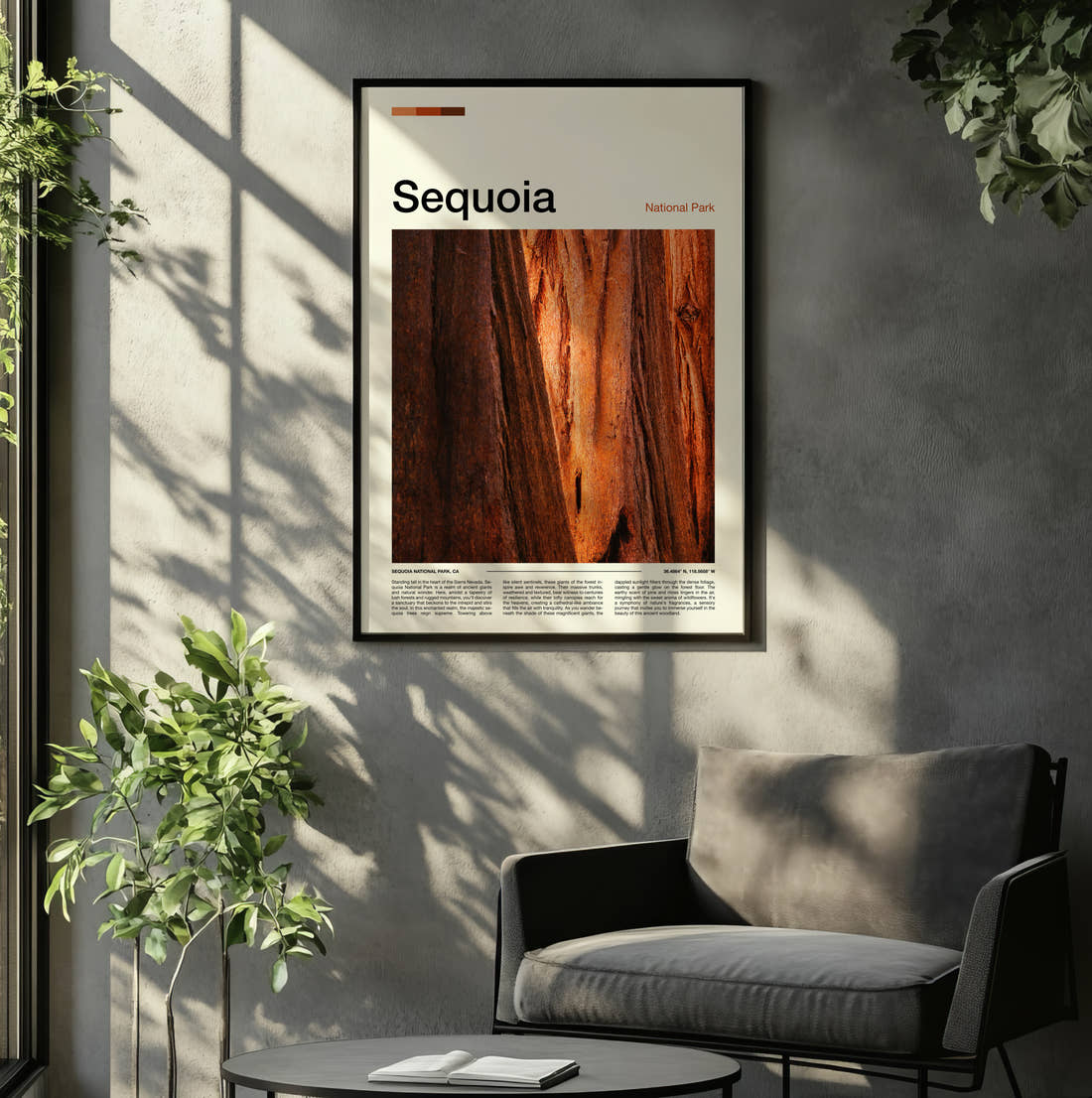 Sequoia Red Tree Bark Travel Print framed on the wall of a relaxed living room